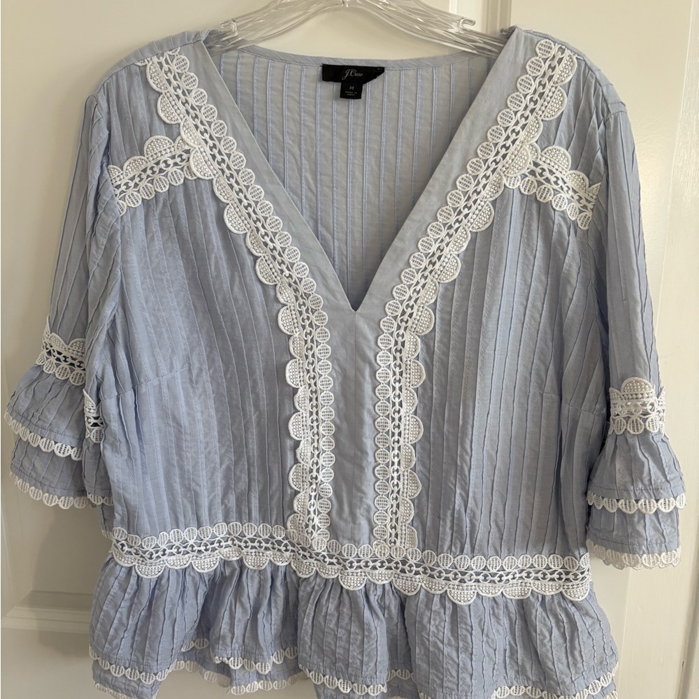 J. Crew Light Blue Blouse with White Lace Accents
